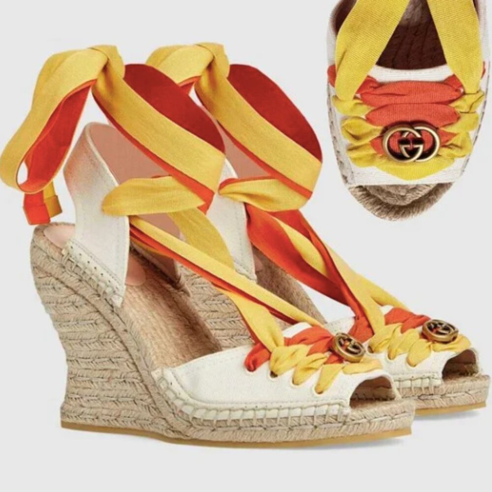 GUCCI CANVAS LACE-UP WEDGES - NEVER WORN